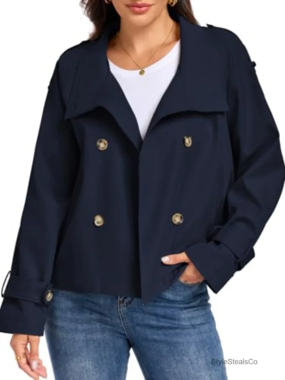 Womens Cropped Trench Coat Funnel Neck Double Breasted Fall Jacket